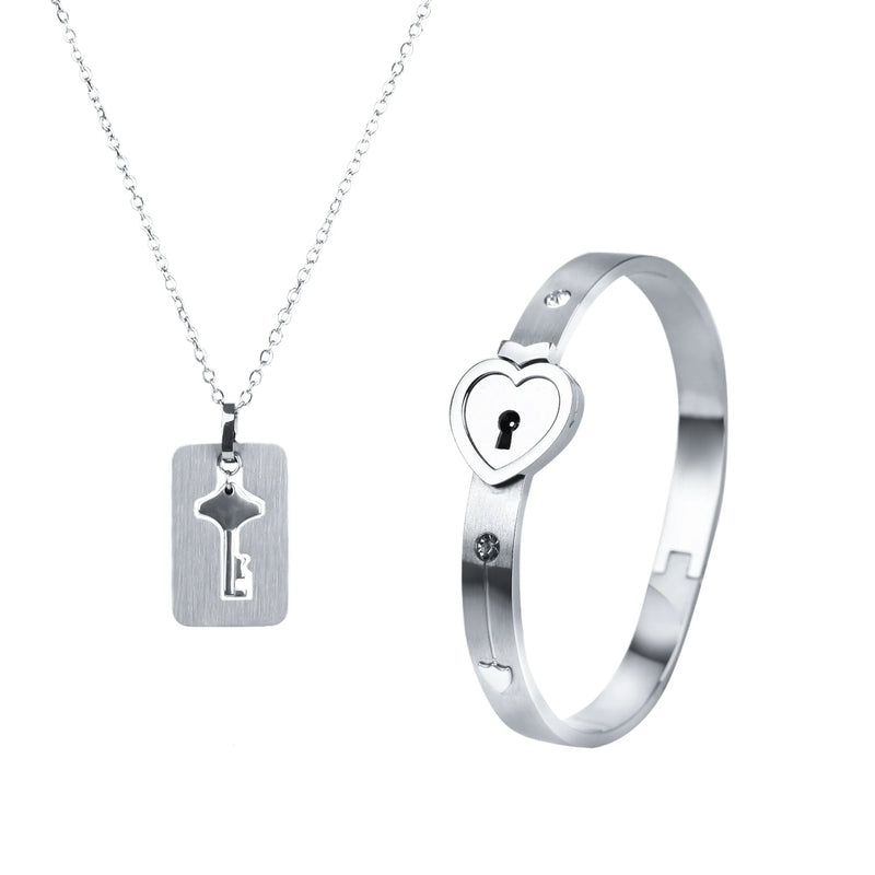 Couple Jewelry Love Lock Bracelet & Key Pendant Necklace Set