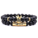 2-Piece Natural Stone Beaded Men Bracelet Small Crown Matte Jewelry