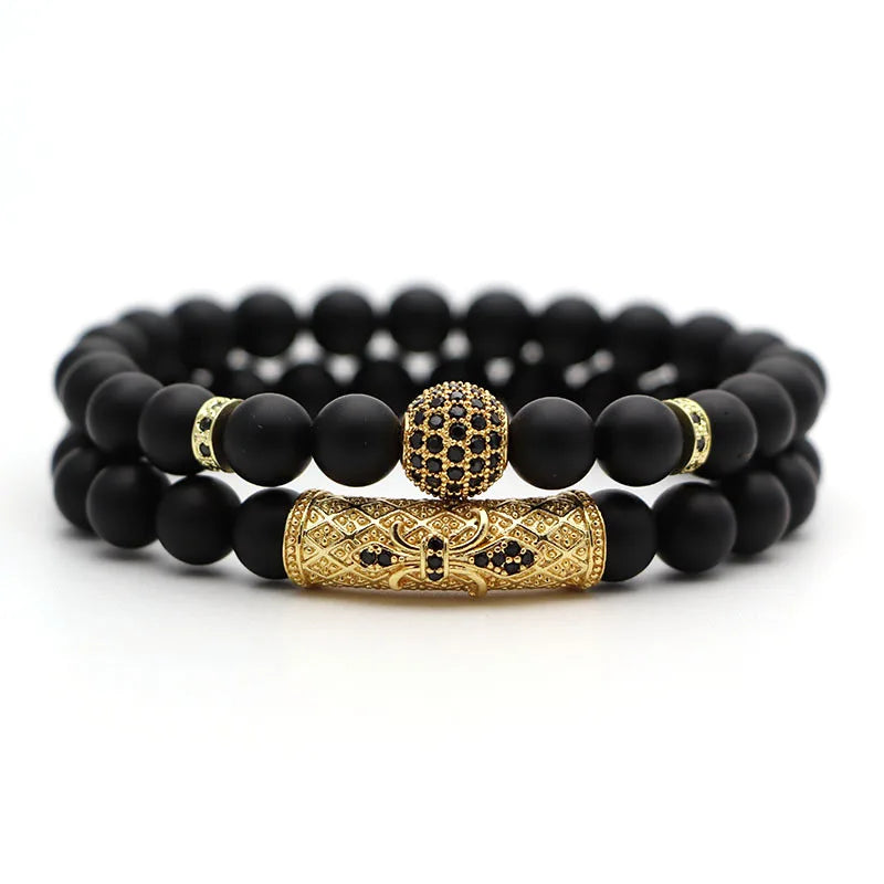 Natural Stone Beaded Men's Bracelet Set Lion Head Football Classic Jewelry