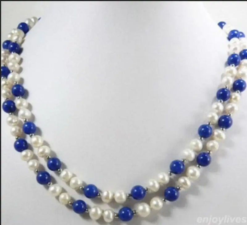 Double Strand Pearl Lapis Lazuli Necklace with Plated Clasp