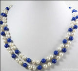 Double Strand Pearl Lapis Lazuli Necklace with Plated Clasp