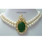 2 Row Pearl Emerald Green Jade Necklace
