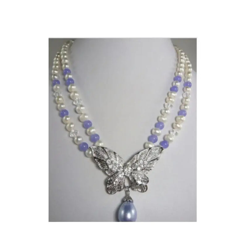 Pearl Purple Jade Butterfly Pendant Necklace