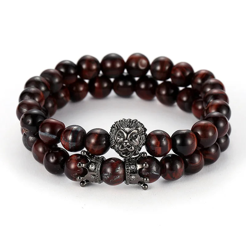 Crown Zircon Lion Head Bangle & Tiger Eye Stone Bracelet Set