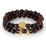 Crown Zircon Lion Head Bangle & Tiger Eye Stone Bracelet Set