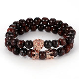 Crown Zircon Lion Head Bangle & Tiger Eye Stone Bracelet Set
