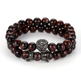 Crown Zircon Lion Head Bangle & Tiger Eye Stone Bracelet Set