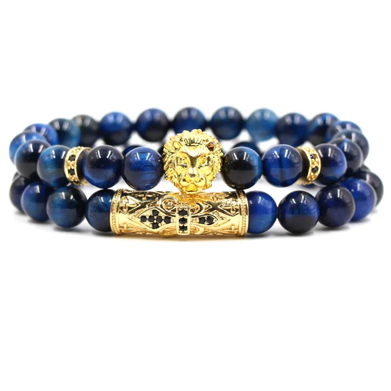 Tiger Eye Stone Beads Bracelet with Lion Head Bangle