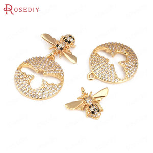 2 Sets Brass Zircon Round Honeybee Charms Pendants Jewelry Making