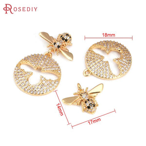 2 Sets Brass Zircon Round Honeybee Charms Pendants Jewelry Making