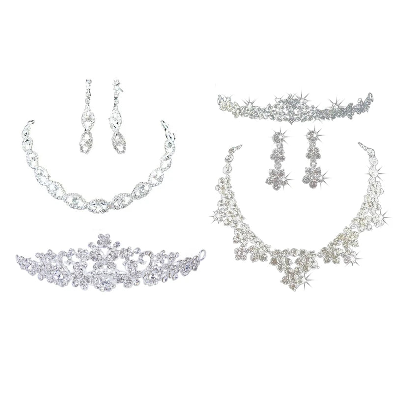 Bridal Necklace Earring Set: Tiara, Earrings, 3 Necklaces + 1 Crystal Necklace