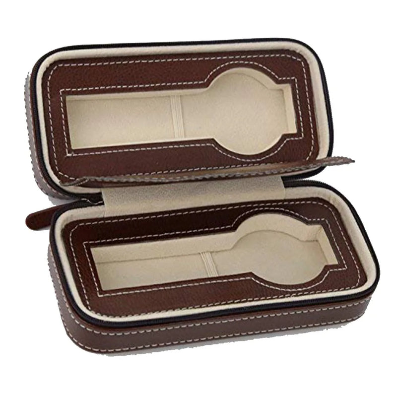 Brown Faux Leather Watch Box Travel Case Organizer Zipper Storage