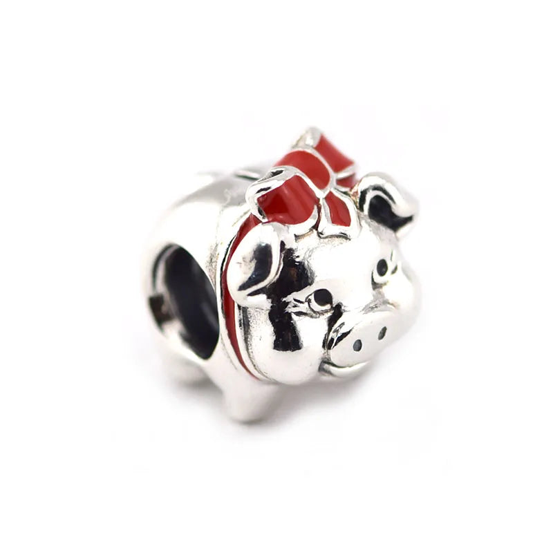 Red Enamel Bow Money Pig Charm Silver Golden Beads Charms Bracelets DIY