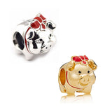 Red Enamel Bow Money Pig Charm Silver Golden Beads Charms Bracelets DIY