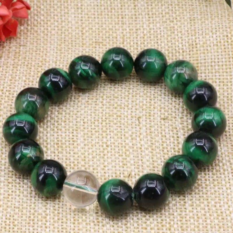 12mm Green Yellow Tiger Eyes Stone Beads Bracelet 7.5inch B3161