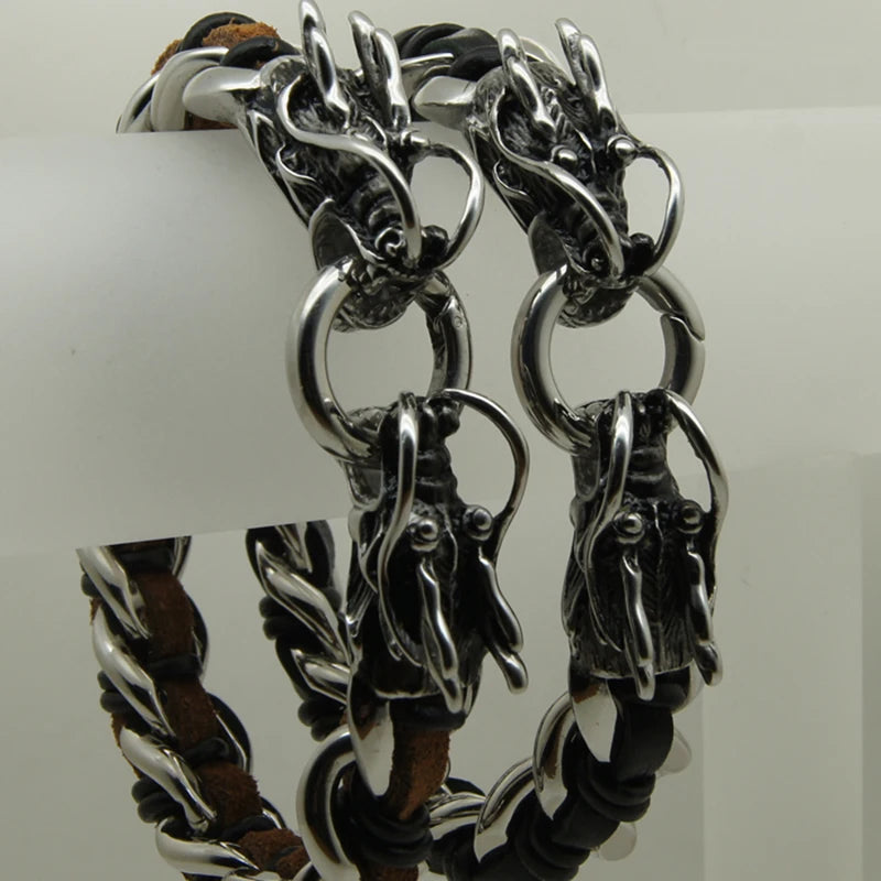 Dragon Circle Woven Leather Stainless Steel Bracelet