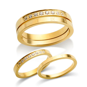 2 in 1 Stainless Steel CZ Couple Finger Rings Roman Numerals Crystal Jewelry