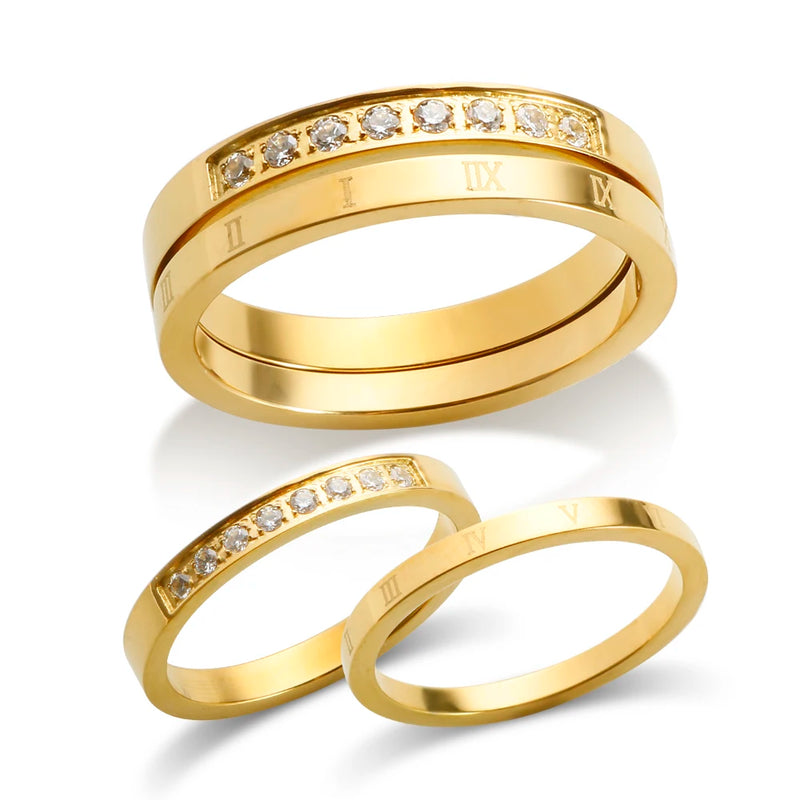 2 in 1 Stainless Steel CZ Couple Finger Rings Roman Numerals Crystal Jewelry