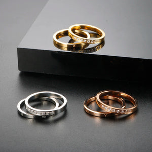 2 in 1 Stainless Steel CZ Couple Finger Rings Roman Numerals Crystal Jewelry