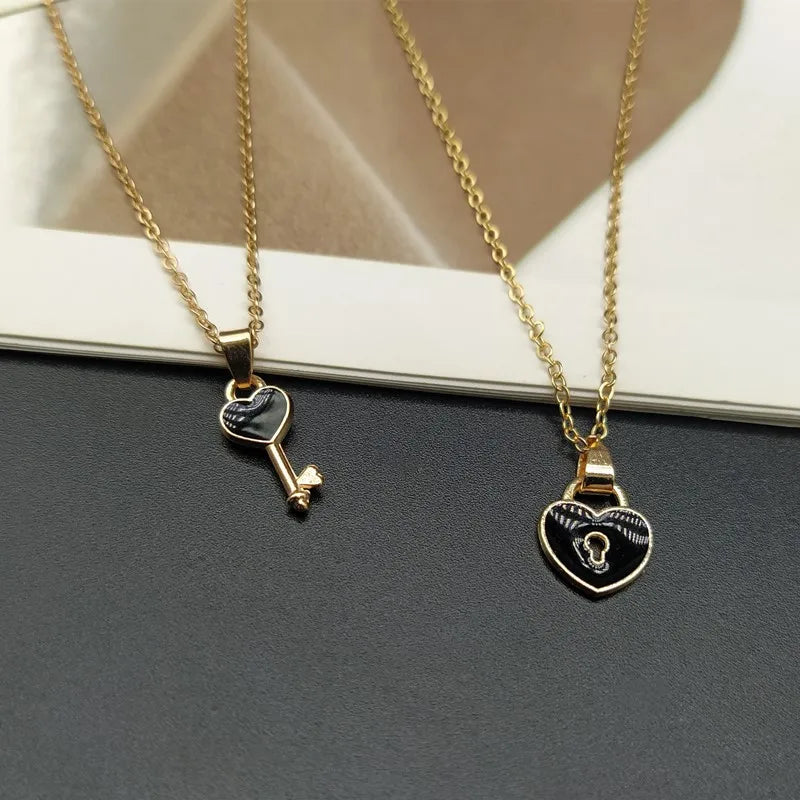 Key Lock Pendant Necklace Heart Jewelry Couple Link Chain Gift