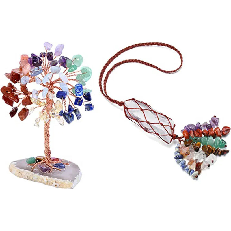 7 Chakra Reiki Healing Tree on Agate Slice Base + Crystal Car Hanging Ornament