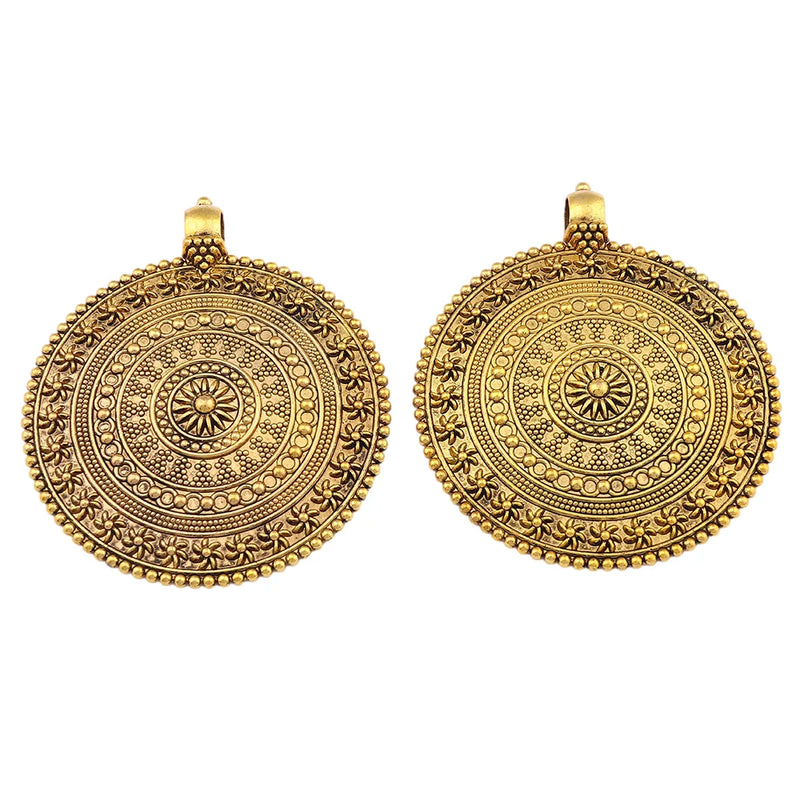 2 x Antique Large Bohemia Flower Round Charms Pendants for DIY Necklace Jewelry