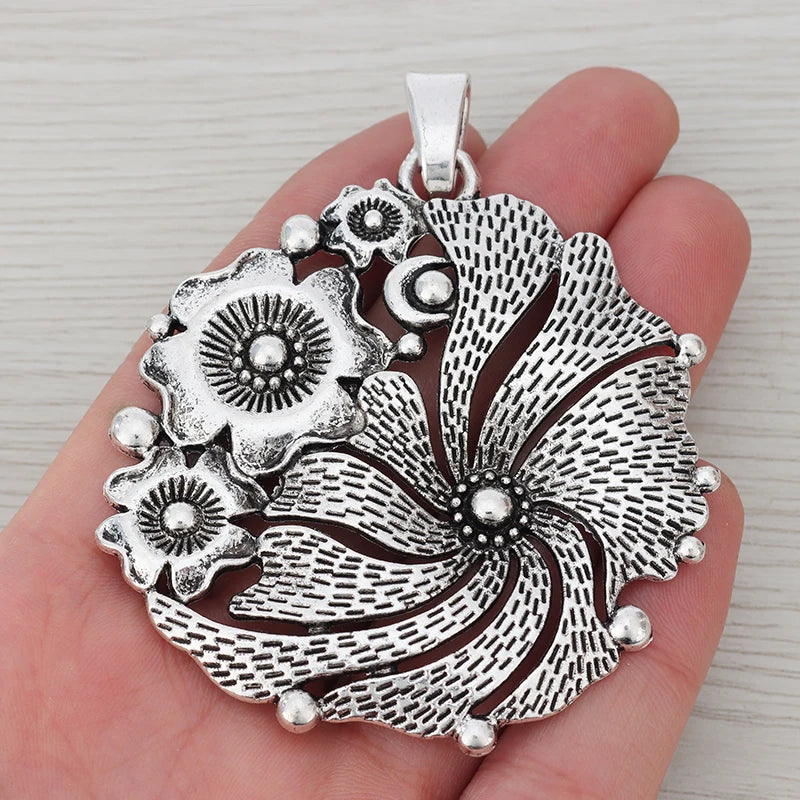 2 Tibetan Silver Boho Large Flower Charms Pendants 68x65mm