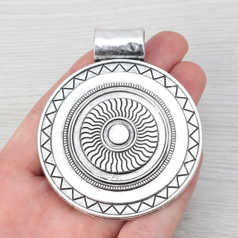 2 Tibetan Silver Large Round Medallion Charms Pendants 77x64mm