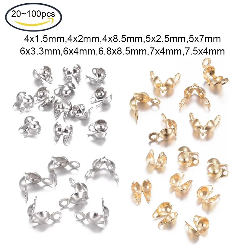 20-100Pcs 304 Stainless Steel Bead Tips Clamshell Jewelry Making