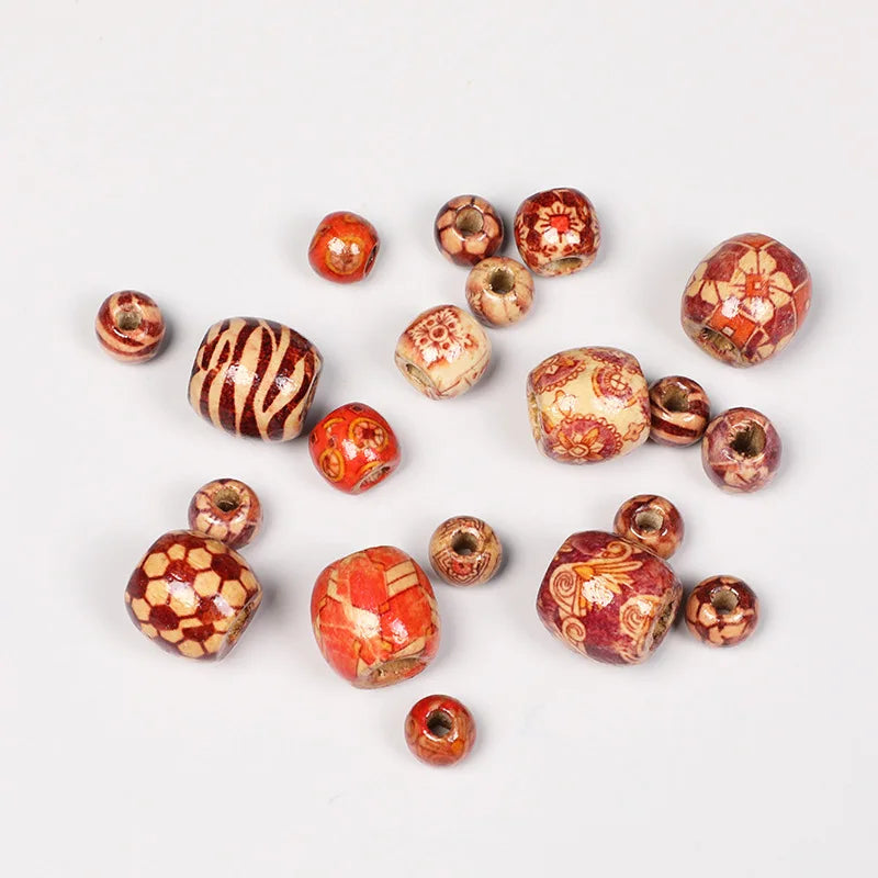 20-100pcs Mixed Printed Wood Beads Large Hole Bead DIY Jewelry Accessories