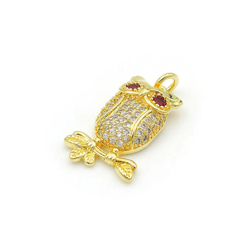 Micro Pave Clear&Red CZ Owl Charm - DIY Bracelet Necklace Jewelry