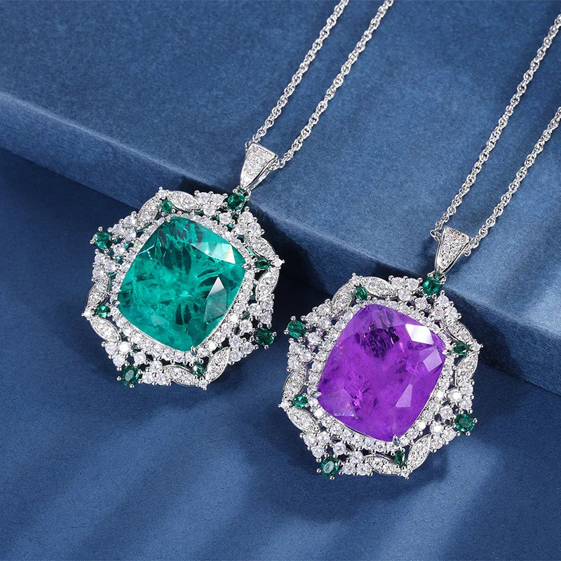 Vintage 925 Silver Emerald Violet Tourmaline Pendant Necklace