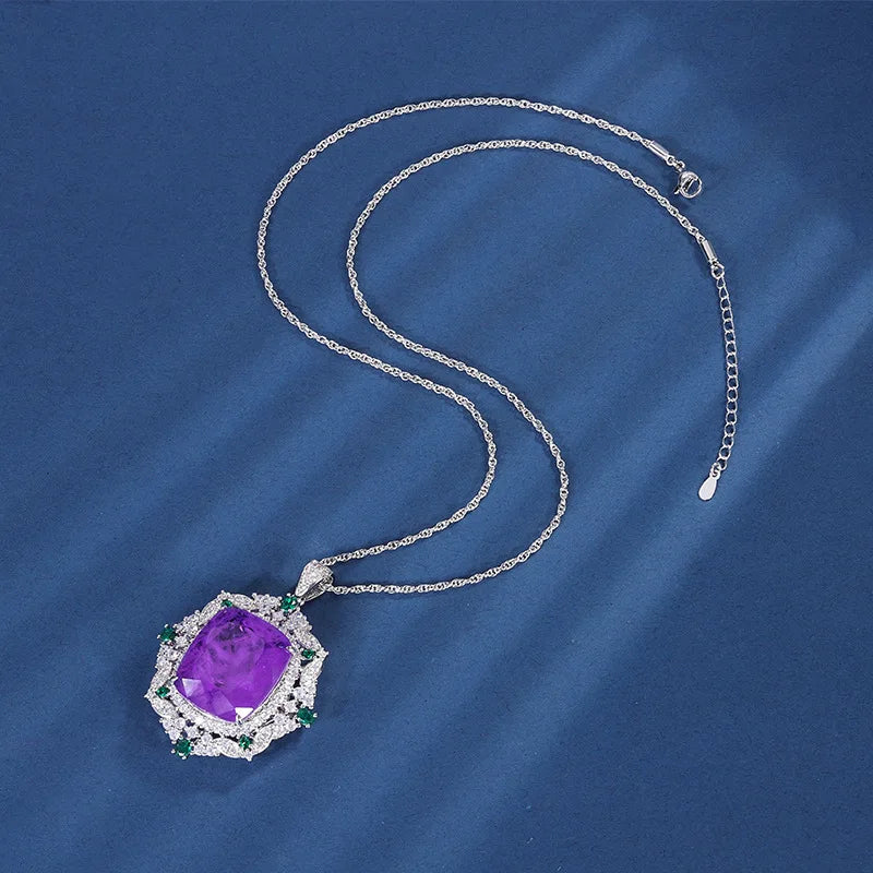 Vintage 925 Silver Emerald Violet Tourmaline Pendant Necklace
