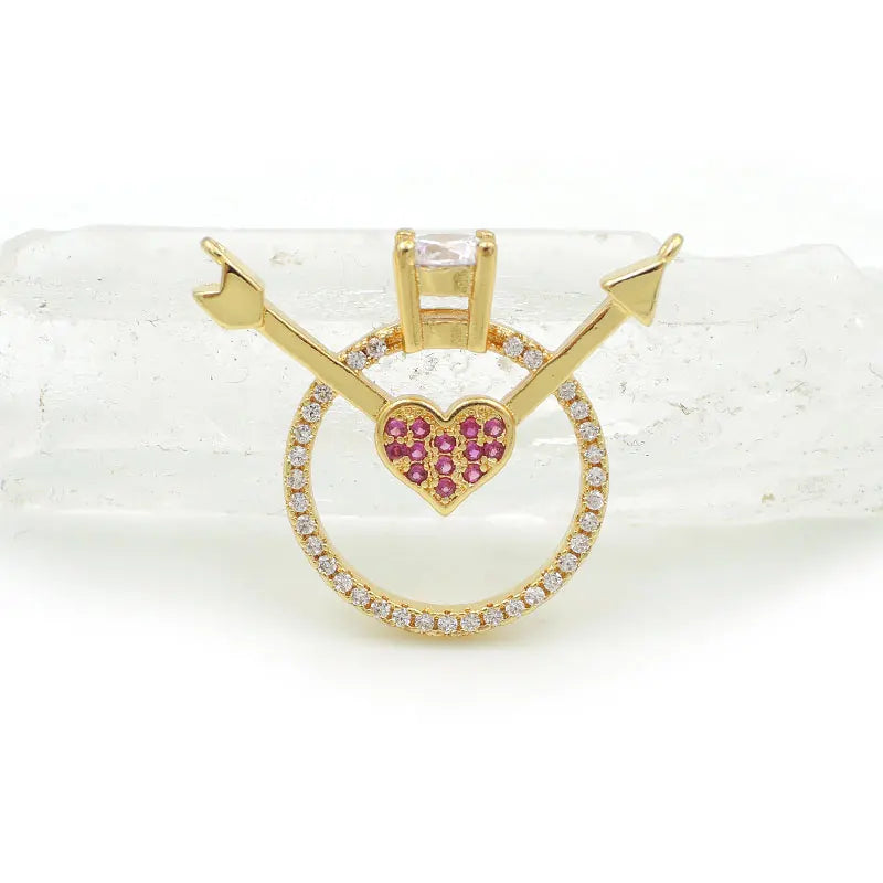 Micro Pave Clear&Red CZ Ring Heart Arrow Charm Of Double Circles