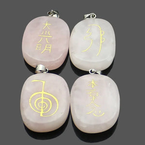 Natural Pink Crystal Stone Carving Religious Reiki Symbol Pendant