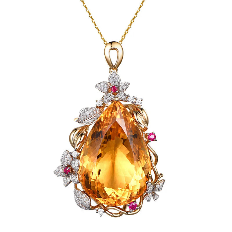 8 Carats Yellow Crystal Citrine Gemstones Diamond Pendant Necklace Women 18k