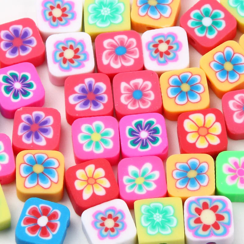 10mm Vintage Flower Square Clay Beads Jewelry Making DIY