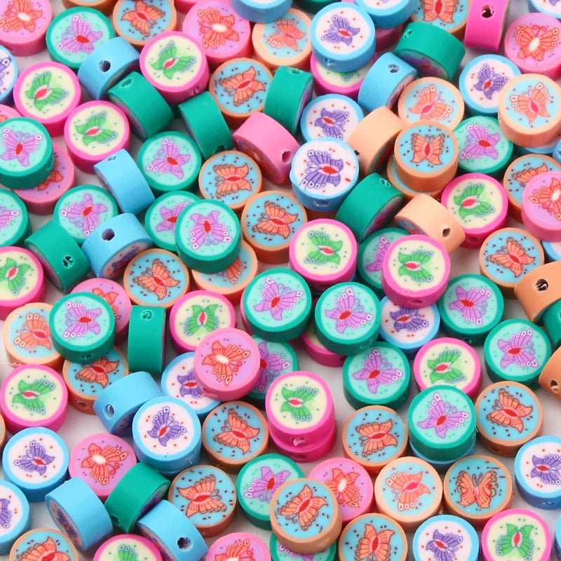 9mm Mixed Butterfly Spacer Beads Flat Round Polymer Clay for Jewelry Making