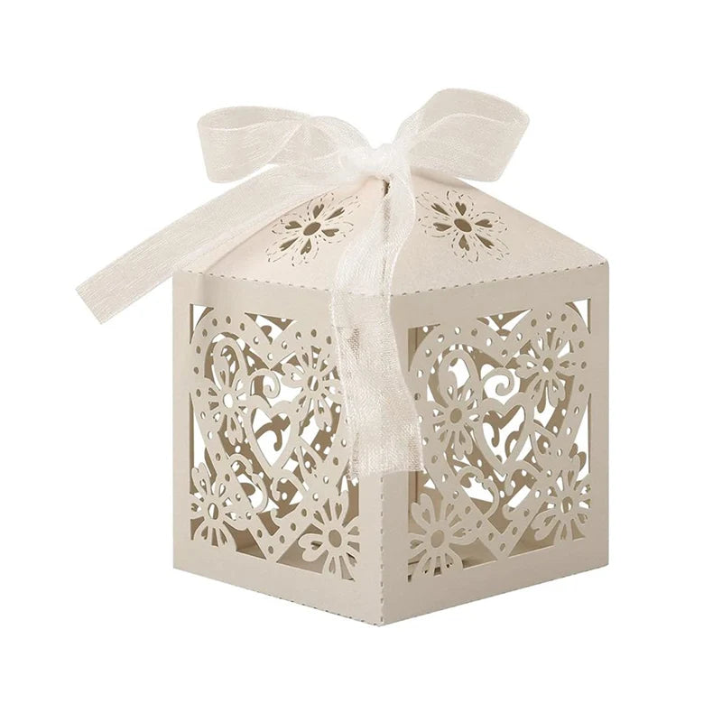Beige Heart Laser Cut Wedding Candy with Ribbon