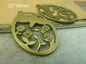 20 Antique Bronze Flower Oval Charm Pendant Rose 32*48mm
