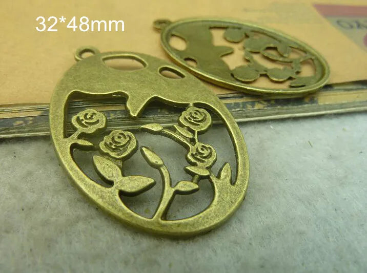 20 Antique Bronze Flower Oval Charm Pendant Rose 32*48mm