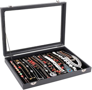 20 Hooks Necklace Tray Storage Box Jewelry Display Stackable Glass Top Lockable