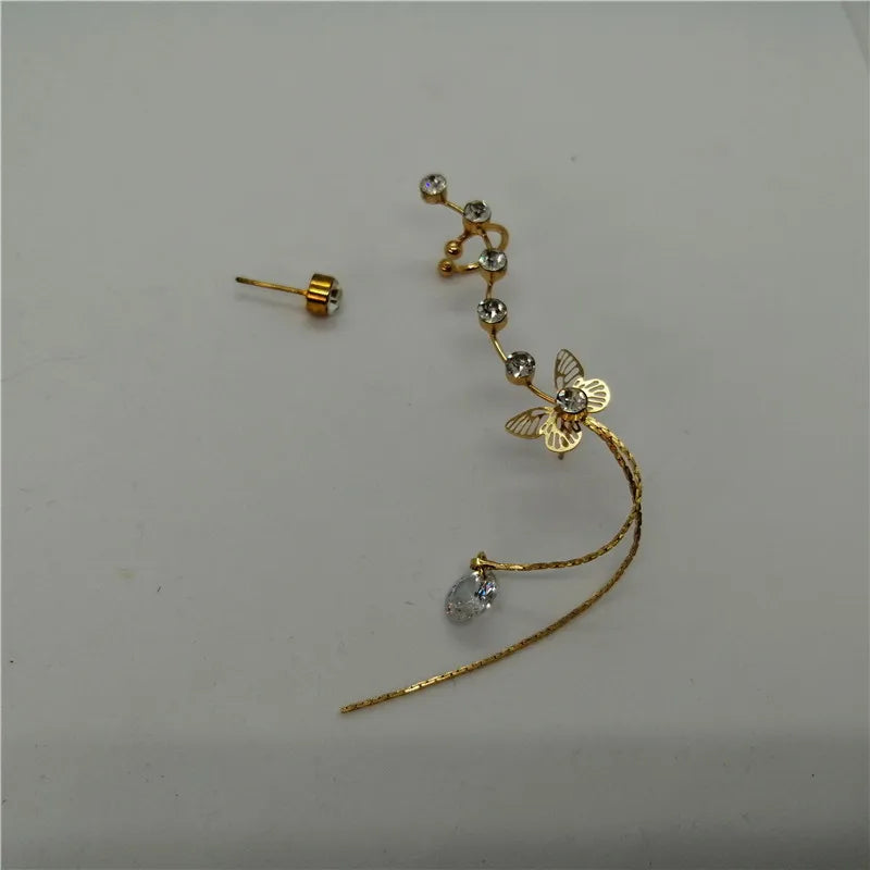 Butterfly Tassel Chain Asymmetric Clip Earrings Ear Cuff Rhinestone Jewelry