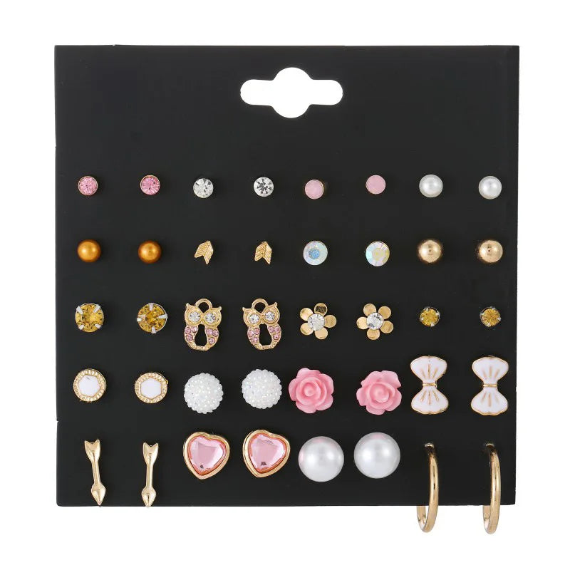 20 Pairs Rhinestone Flower Geometric Animal Earrings Set