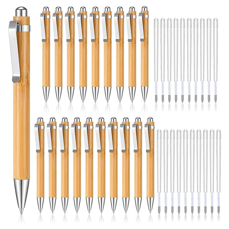 20 Pcs Bamboo Retractable Ballpoint Pen with Extra Refills, 1 mm Ink, Wooden Pen