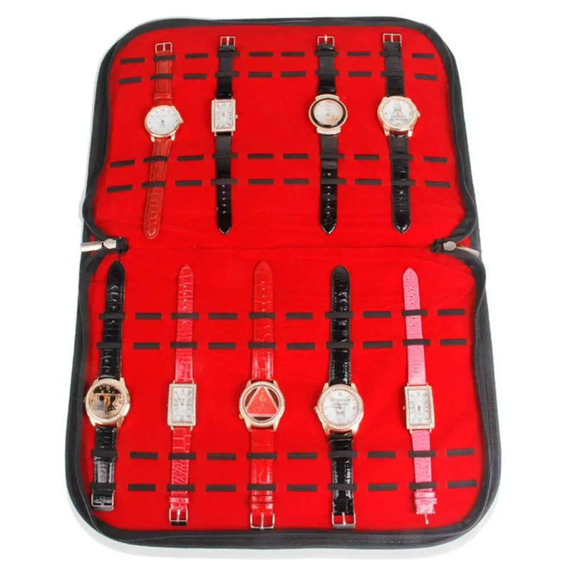 20-Slot Faux Leather Watch Case With Zipper&Mezzanine Watch Portable Bag