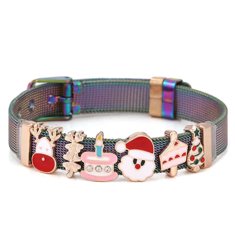 Stainless Steel Mesh Bracelet With Santa Claus Christmas Tree Beads Charm