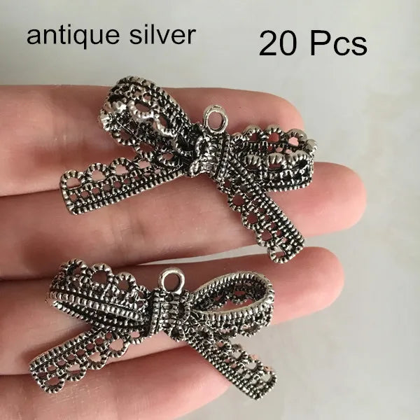 20 pcs Large Bronze Bowknot Pendant, Double Sided Metal Ribbon Charm, 22*44mm