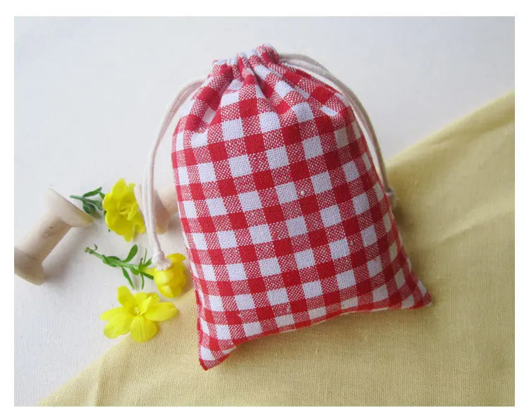 (20 pcs/lot) Plaid Color Linen Drawstring Bag Jewelry Pouch 10x13cm