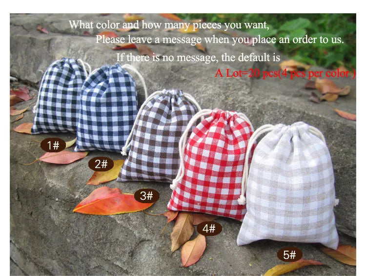 (20 pcs/lot) Plaid Color Linen Drawstring Bag Jewelry Pouch 10x13cm